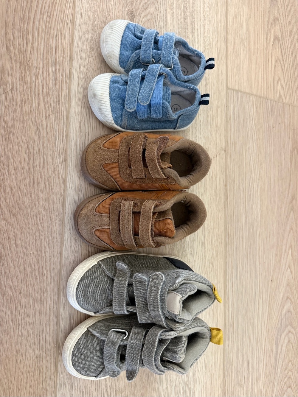 Cat & Jack Triple-Pack Kids Velcro Sneakers in Blue, Brown, and Gray